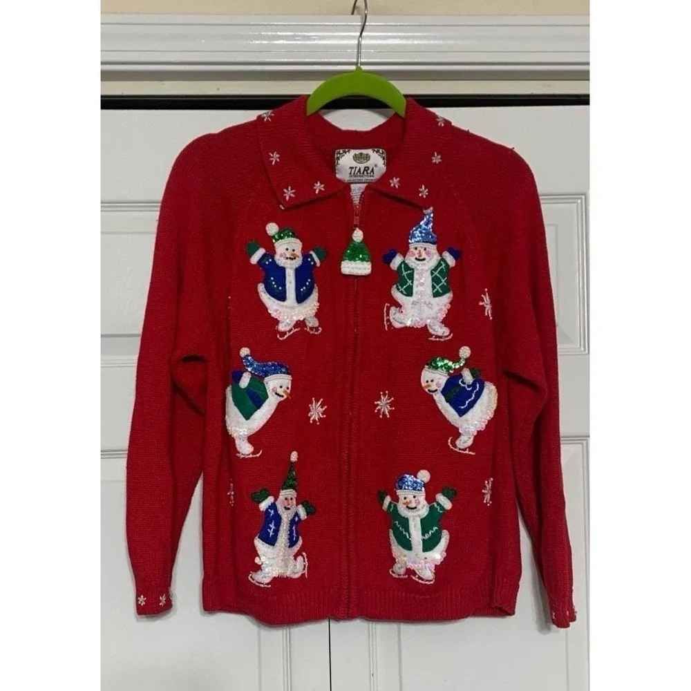 Vintage Tiara International Red Christmas Snowman Zip Up‎ Cardigan Sweater Sz L